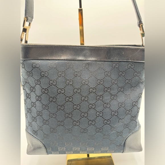 Gucci-Authentic-GG Canvas Shoulder Bag Black Leather - Picture 3 of 15